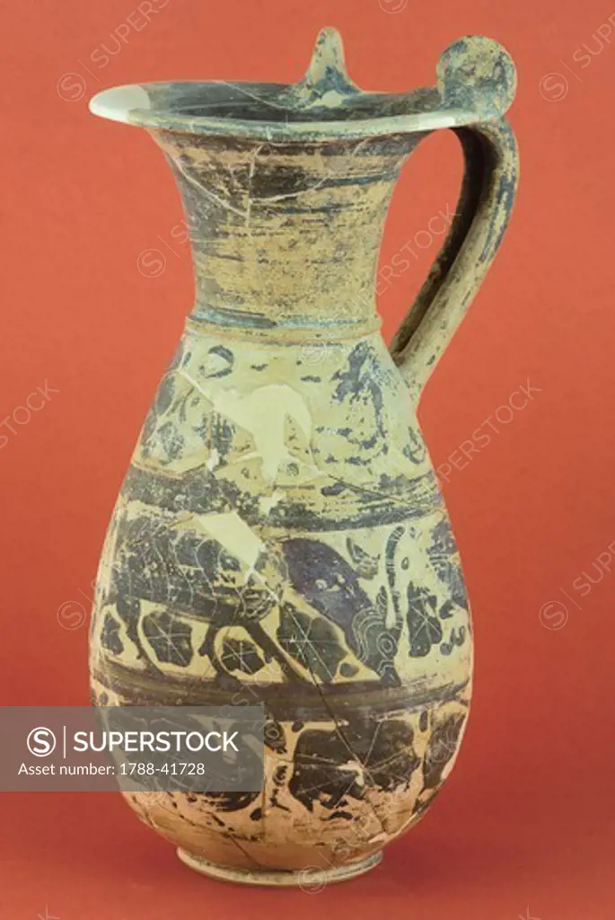 Wine pitcher with animal motifs from the Vulci territory (Lazio). Etrusco-Corinthian Civilization, 580-560 BC.