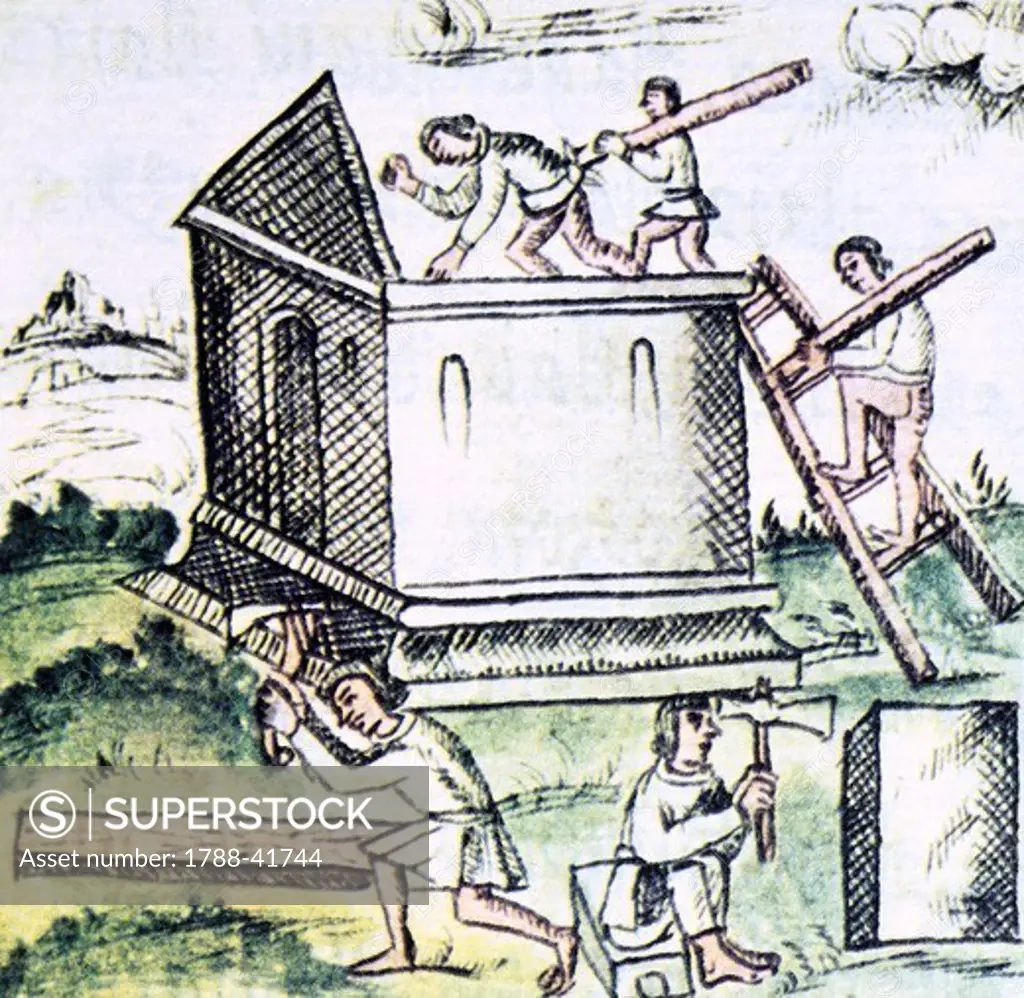 Artwork depicting masons and carpenters building a house, from a copy of the Code of Florence General History of the Things of New Spain by Bernardino de Sahagun, Manuscript in Spanish and Nahuati, mid-16th Century.