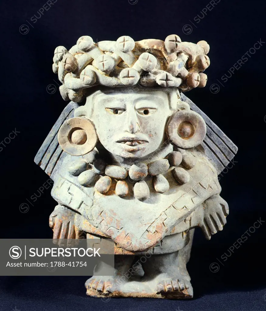 Terracotta statue of the Goddess of Thirteen Snakes, artefact from Mexico. Zapotec Civilization, classical period, 200-900.