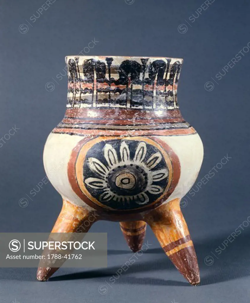 Terracotta polychrome tripod vase from Mexico. Mixtec Civilization, post-classical period 900-1521.