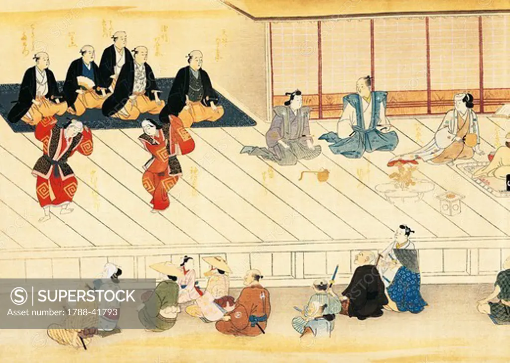 Futari Saruwaka, scene from a theatre play, by Hishikawa Moronobu (ca 1620-1694), Japan. Japanese Civilisation, 17th century.