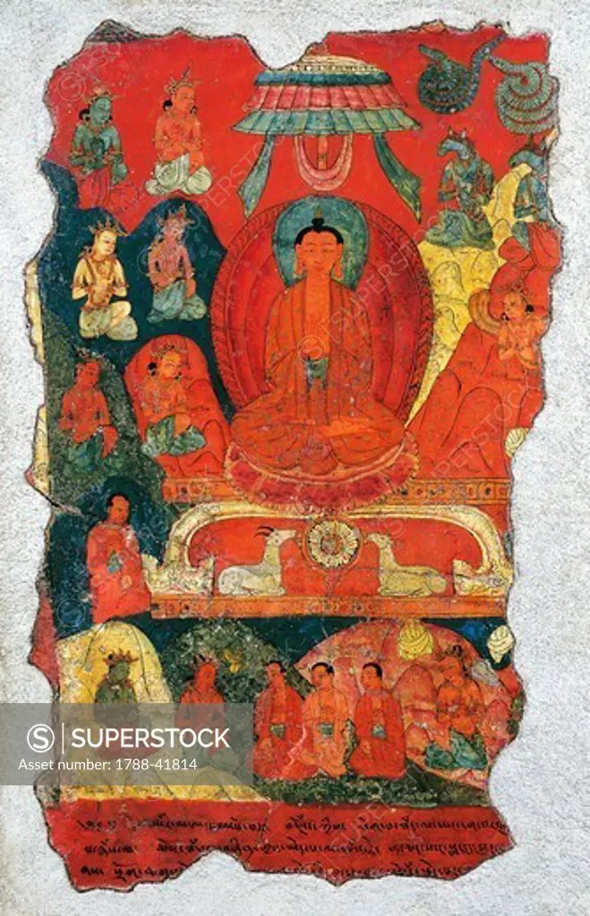 Scenes from Buddha's life, a fragment of wall painting, Tibet. Tibetan Civilisation, 18th century.