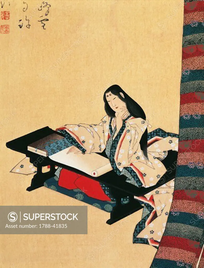 Murasaki Shikibu, 10th-11th century author and poet from the Fujiwara family, kakemono (hanging scroll)on silk, Japan. Japanese Civilisation.