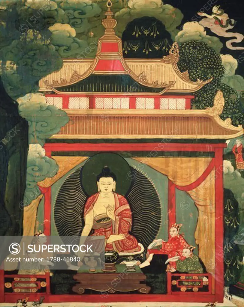 Preaching, disciples surrounding Buddha in a temple, detail from a roll showing scenes from Shakyamuni Buddha's life, Tibet. Tibetan Civilisation, 18th century.