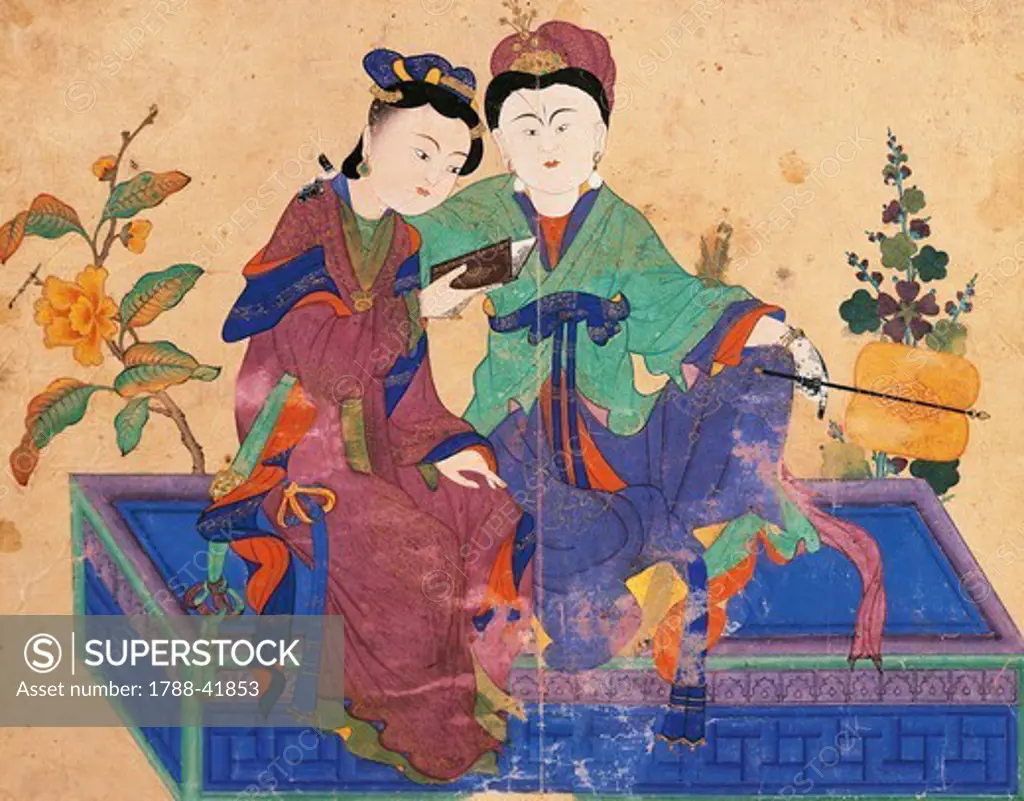 Two young women reading intently, Chinese influence painting, school of Tabriz, Turkey. Turkish Civilisation, 15th century.