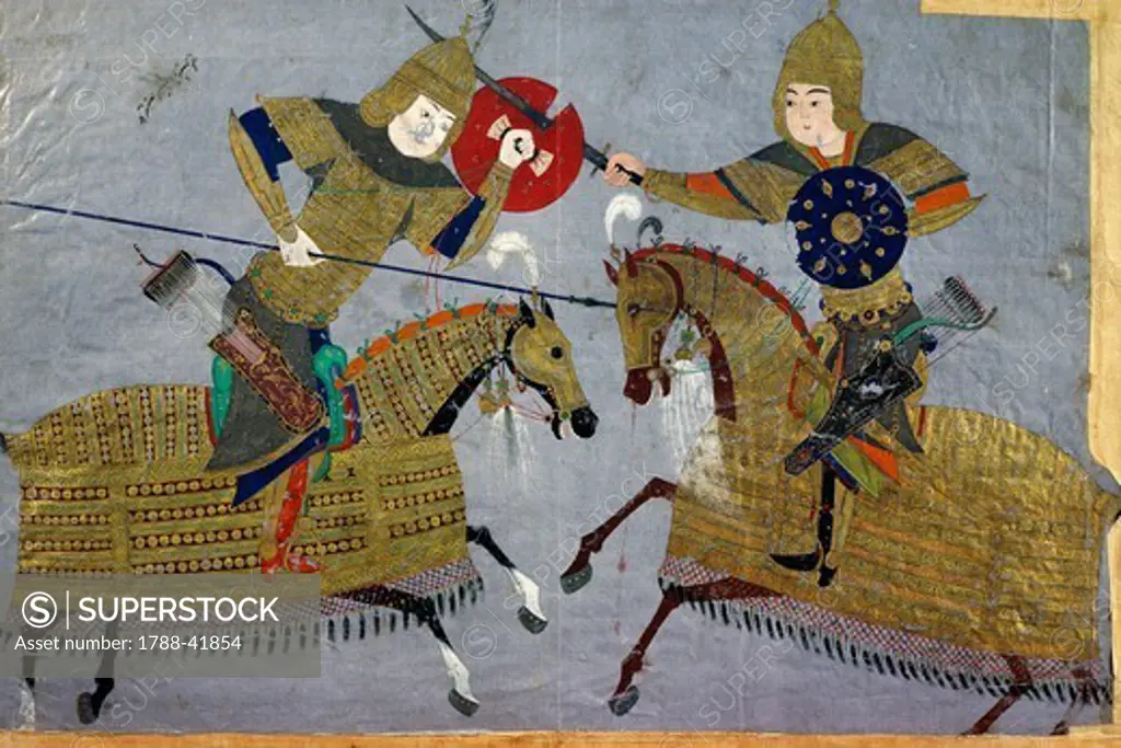 Two warriors fighting on horseback, 1480, Dervish Muhammad, Tabriz school, Turkey. Turkish Civilisation, 15th century.