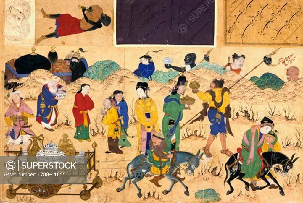 Passengers carrying copper and porcelain artifacts onto carriages as they are leaving the city, Chinese influence painting, Turkey. Turkish Civilisation, 15th century.