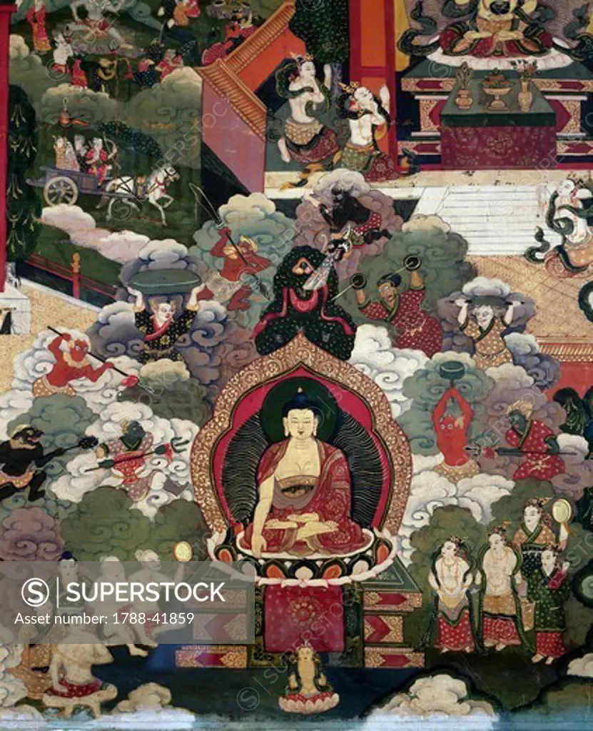 Roll showing scenes from Shakyamuni Buddha's life; followers surrounding him, being attacked by hordes of demons, Tibet. Tibetan Civilisation, 18th century.