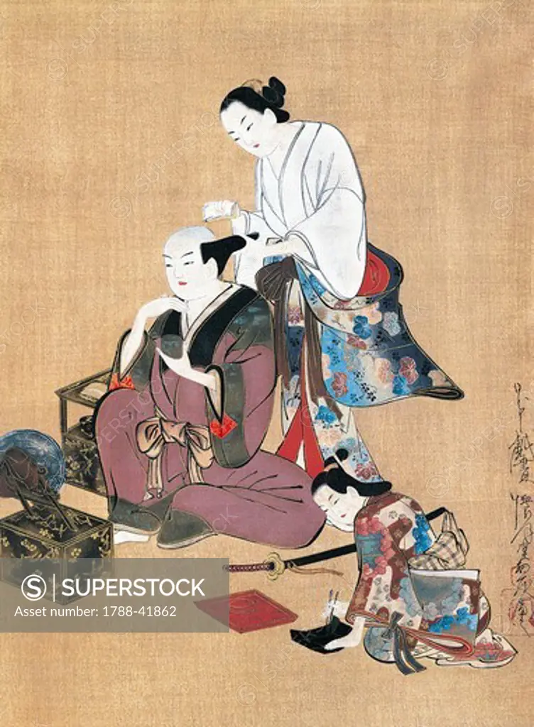 Noble being groomed, artist from the Kaigetsudo school, kakemono (hanging scroll) in ukiyo-e style, Japan. Japanese Civilisation, 18th century.