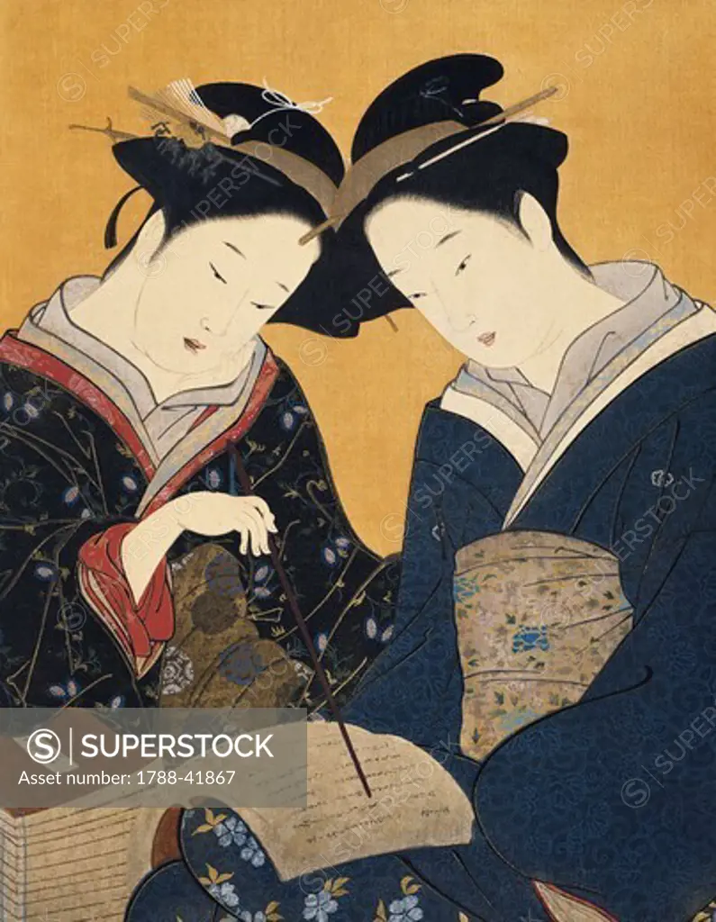 Two women reading a book, artist from the Katsukawa School, Japan. Japanese Civilisation, 18th century.