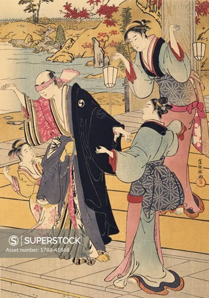 Yuranosuke in a house on the famous hill in Shimbara, detail of a game of blind man's buff, Japan. Japanese Civilisation, 17th century.