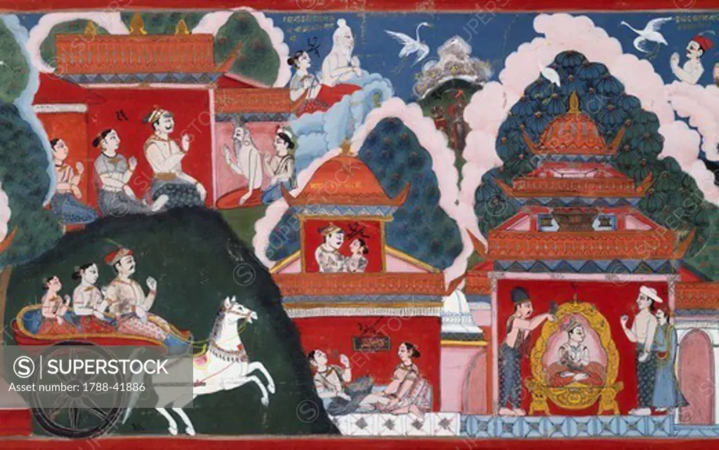 King Manicuda departing for the city, Padmavati becomes pregnant and gives birth to Prince Padmottara, later anointed king, detail from the Swayambhu Purana, an important Buddhist sacred text in Nepal, gouache, Nepal. Nepalese Civilisation, 19th century.