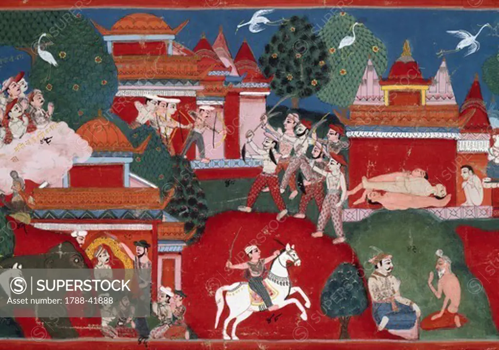 Padmottara, once anointed king, will be attacked by King Duhprasaha, in which the latter's soldiers will die, detail from the Swayambhu Purana, an important Buddhist sacred text in Nepal, gouache, Nepal. Nepalese Civilisation, 19th century.