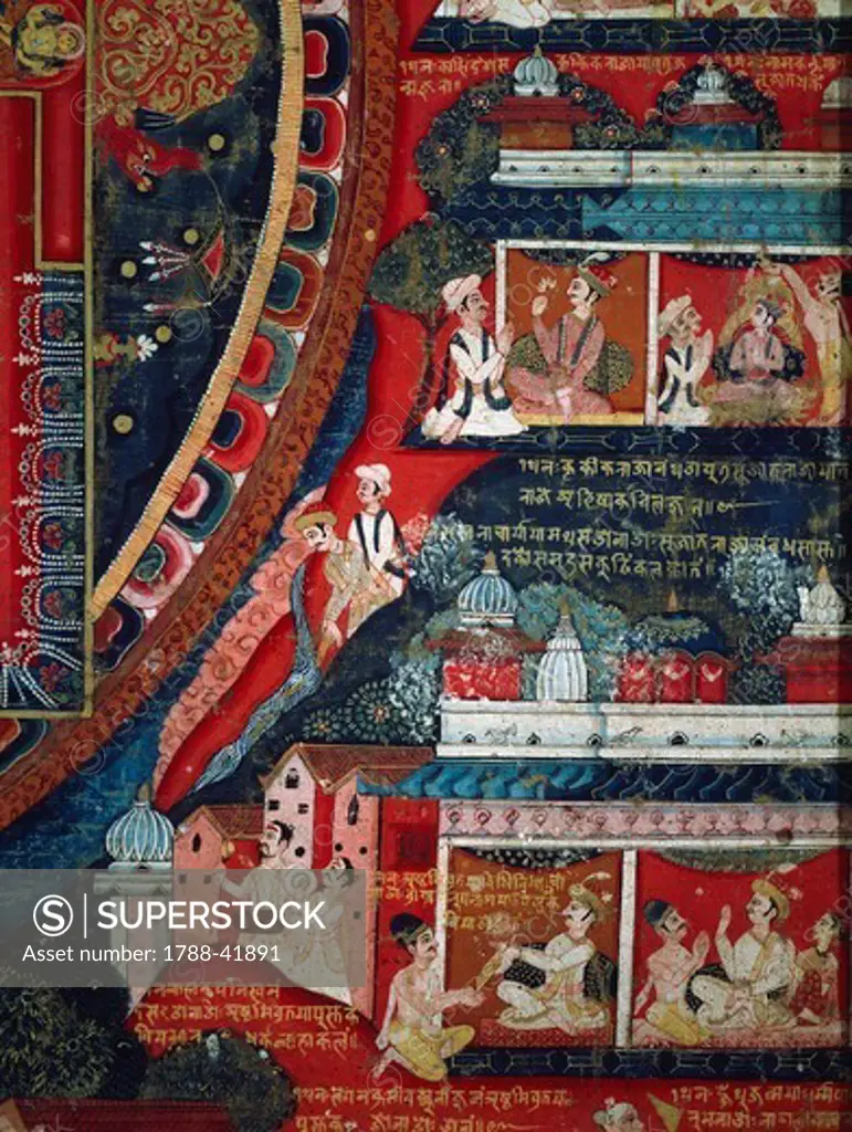Ashtamivrata stories, mythical tales of King Krakika, detail from Mandala of Amoghapasa, 1860, gouache on canvas, Nepal. Nepalese Civilisation, 19th century.