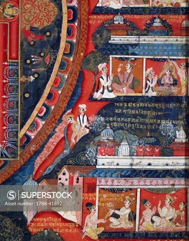 Ashtamivrata stories, mythical tales of King Krakika, detail from Mandala of Amoghapasa, 1860, gouache on canvas. Nepalese Civilisation, 19th century.