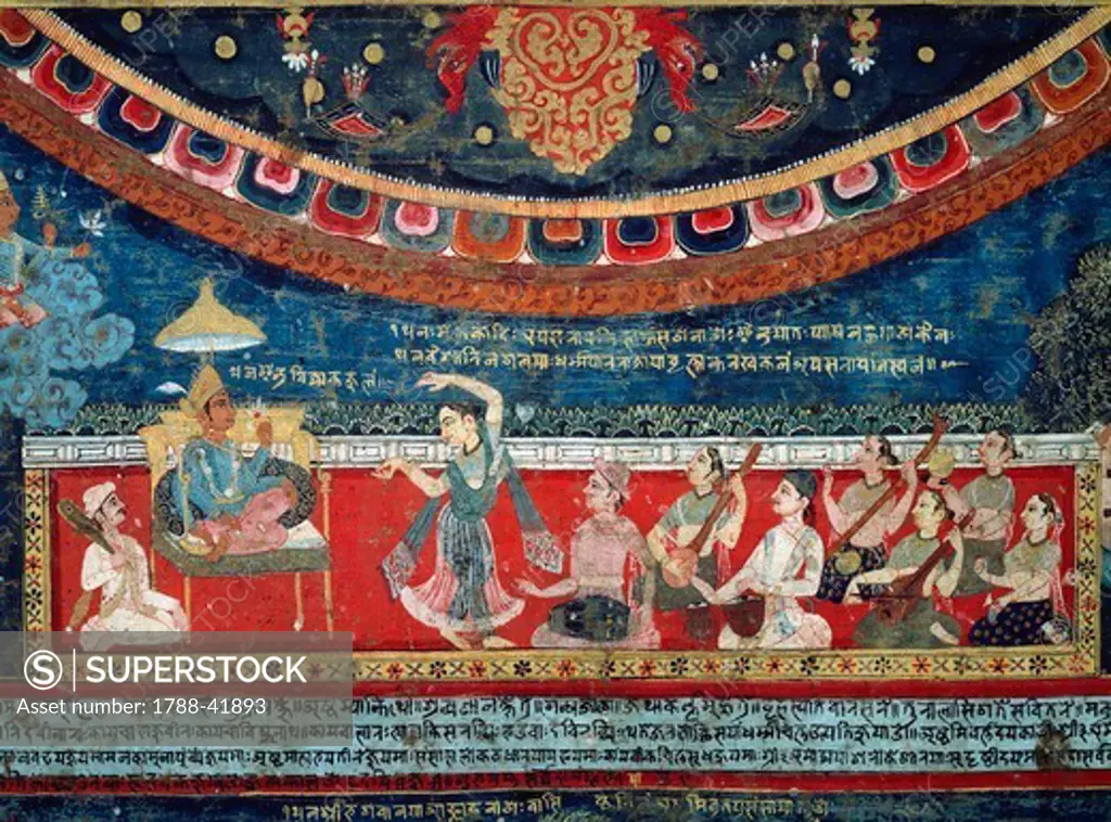 Music and dances performed in the presence of a prince in the glory of the gods, detail from Mandala of Amoghapasa, 1860, gouache on canvas, Nepal. Nepalese Civilisation, 19th century.