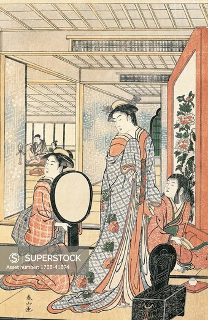 Woman in front of a mirror, by Katsukawa Shunsho (1726-1792), Japan. Japanese Civilisation, 18th century.