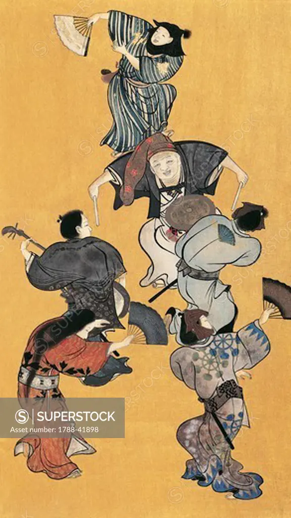 Men and women dancing, detail from screen decorations, ukiyo-e style painting, Japan. Japanese Civilisation, Edo period, 17th century.