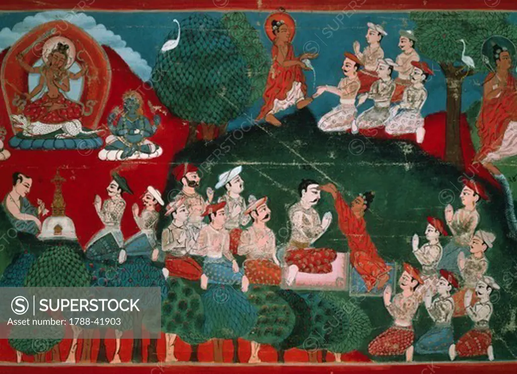 The Holy Krakutsanda teaching holy law, then consecrating Brahmins who become monks, then the sage ascending Caukha mountain to anoint them and his word bringing forth pure water, detail from the Swayambhu Purana, an important Buddhist sacred text in Nepal, gouache, Nepal. Nepalese Civilisation, 19th century.