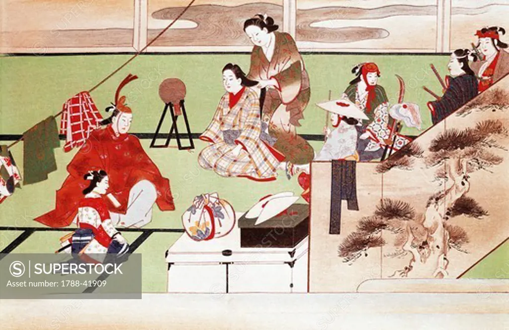 Actors preparing, scene from a reel, by Miyagawa Choshun (1682-1752), Japan. Japanese Civilisation, 17th century.