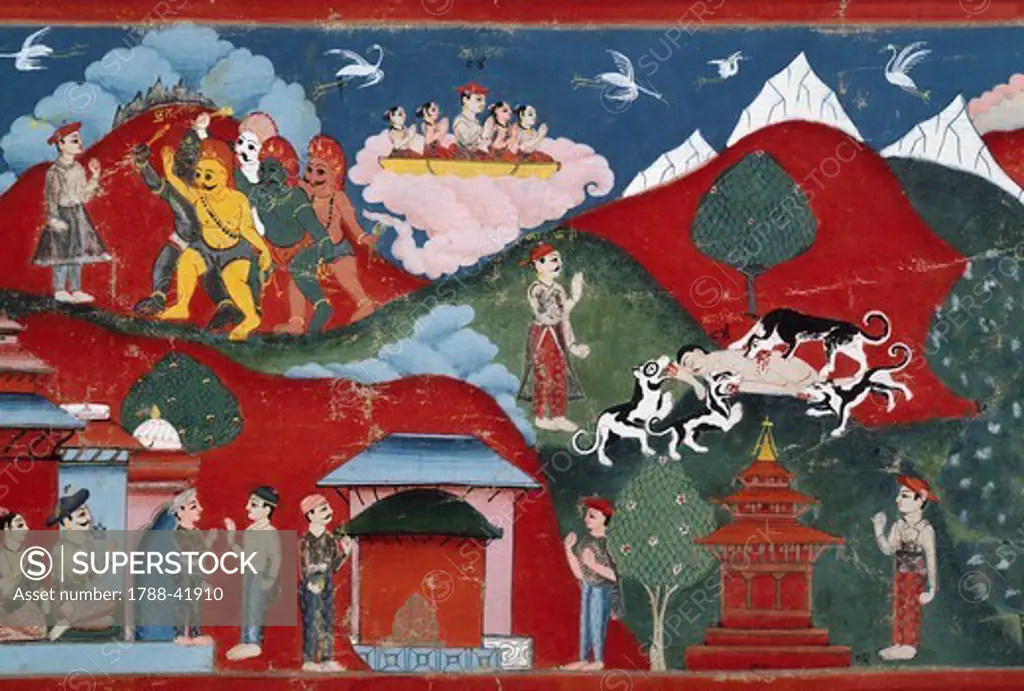 Kotikarna stories, detail from the Swayambhu Purana, an important Buddhist sacred text in Nepal, gouache, Nepal. Nepalese Civilisation, 19th century.