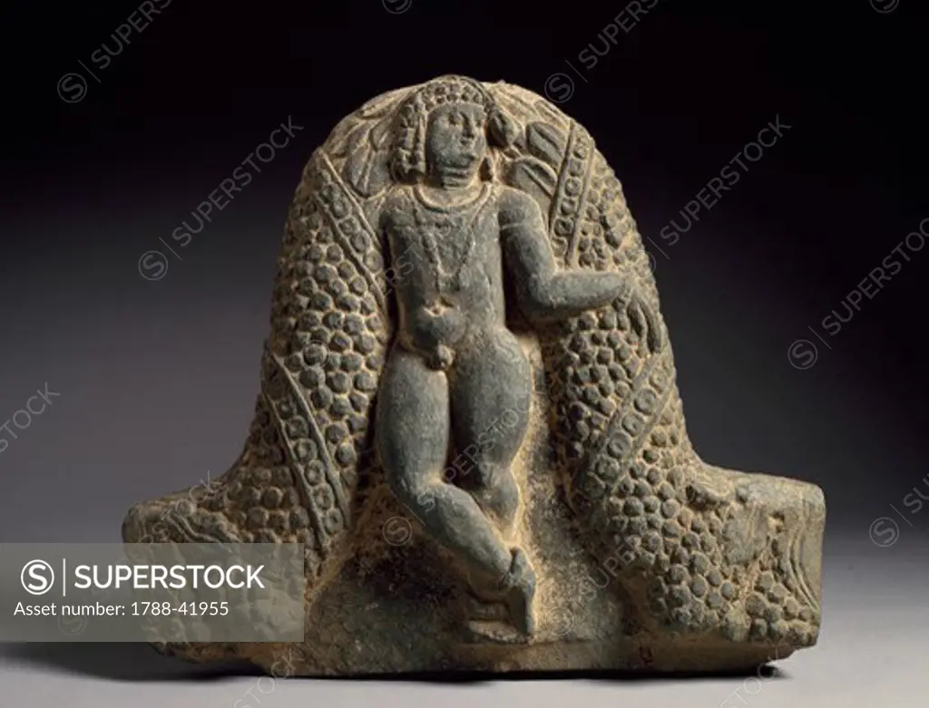 Child ruler beneath a garland, green schist relief, India. Indian Civilisation, Kingdom of Gandahara.