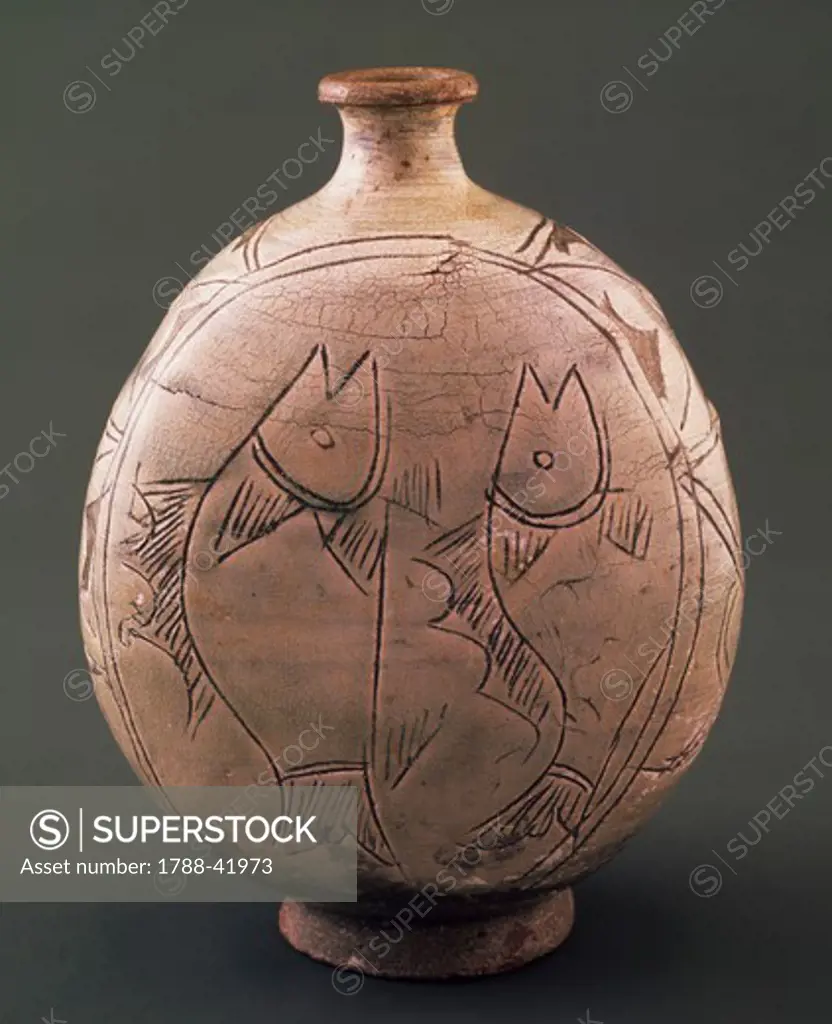 Stone flask with carved fish, Korea. Korean Civilisation, Yi dynasty, 16th century.