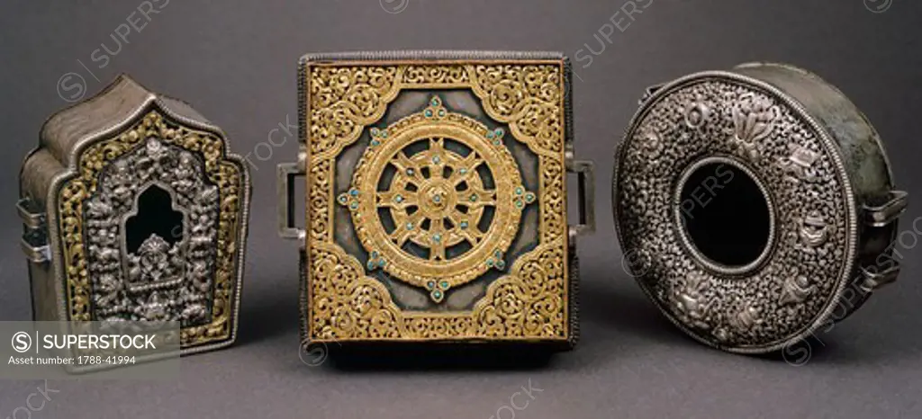 Silver reliquaries, Tibet. Goldsmith's art, Tibetan Civilisation, 19th century.