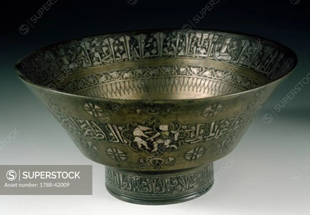 Bronze cup, engraved and inlaid, by Najm al-Din Umar al Badri. Islamic Civilisation, 13th century.
