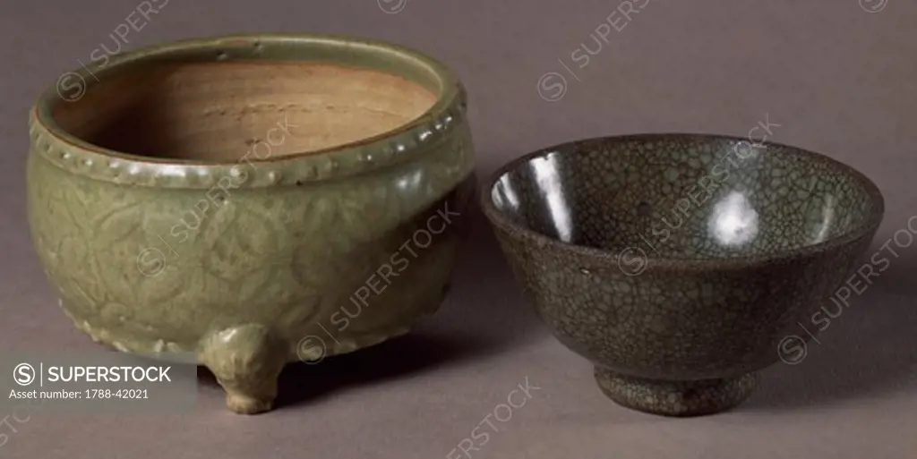 Celadon bulb carriers by Chi-Chou and celadon cup by Chiao-T'an, China. Chinese Civilisation, Yuan Dynasty, 13th-14th century.