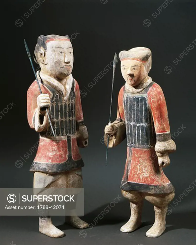 Warriors with spears, polychrome terracotta statues from the Shanxi Region, China. Chinese Civilisation, Western Han Dynasty, 3rd century BC - 1st century AD.