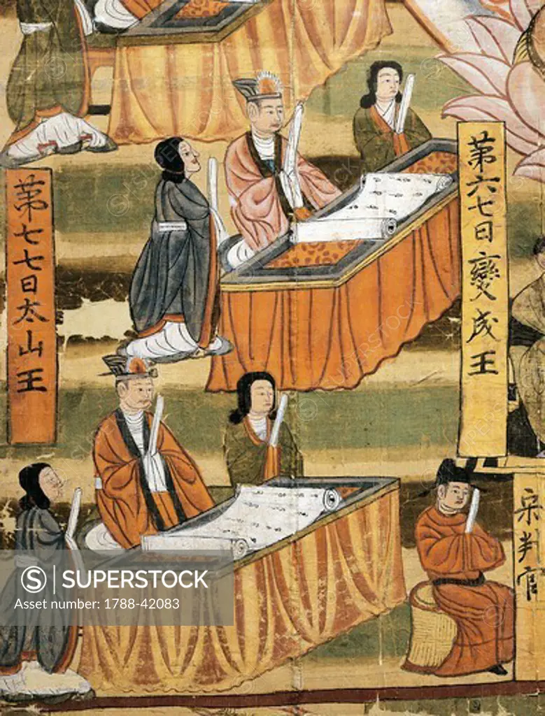 Six paths of rebirth and the ten kings Bodhisattva Ksitigarbha, 983, painting on silk, China. Detail. Chinese Civilisation, 8th year of the Taiping Xingguo period,10th century.