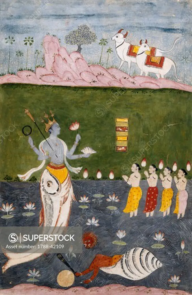 Vishnu in the guise of a fish with four arms holding her symbols, lower section the demon Hayagriva, watercolour on ivory paper, 26x17 cm, India. Indian Civilisation, 18th century.
