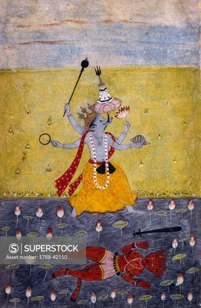 Indian deity with a boar's head and hands with four symbols, watercolour on paper, 25.5 x 17 cm, India. Indian Civilisation, 18th century.