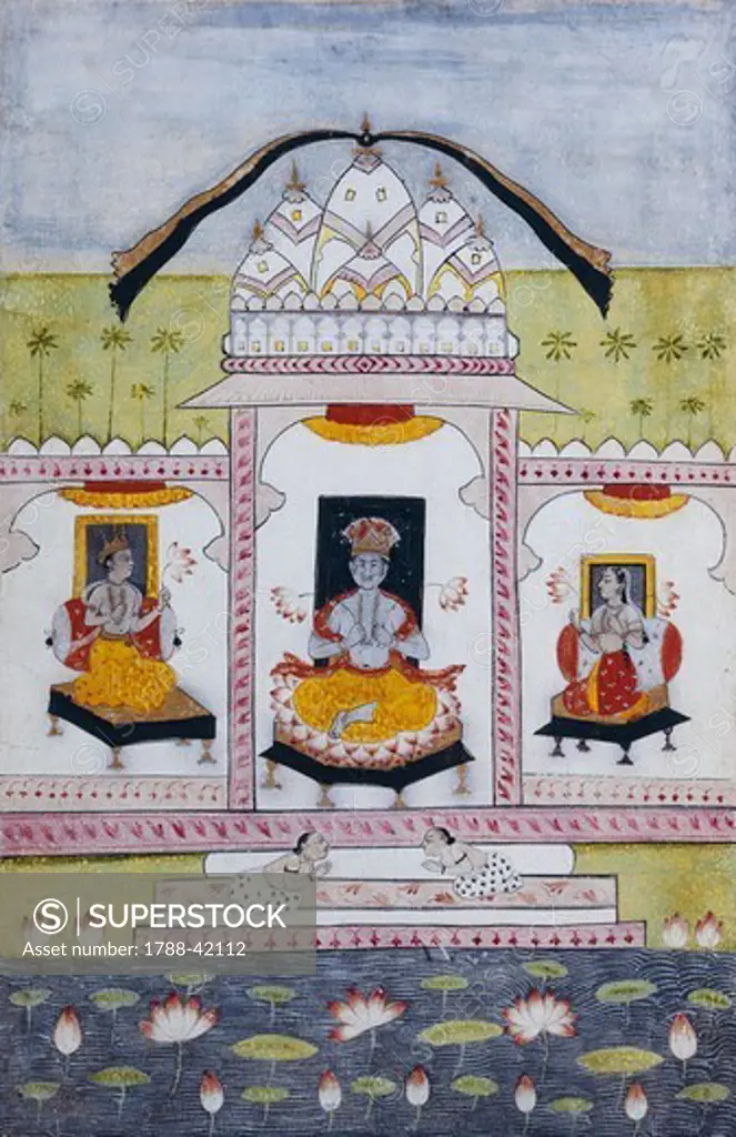 The ninth incarnation of the god Vishnu in Buddha in the temple of Jagarnath, watercolour, 26x18 cm, India. Indian Civilisation.