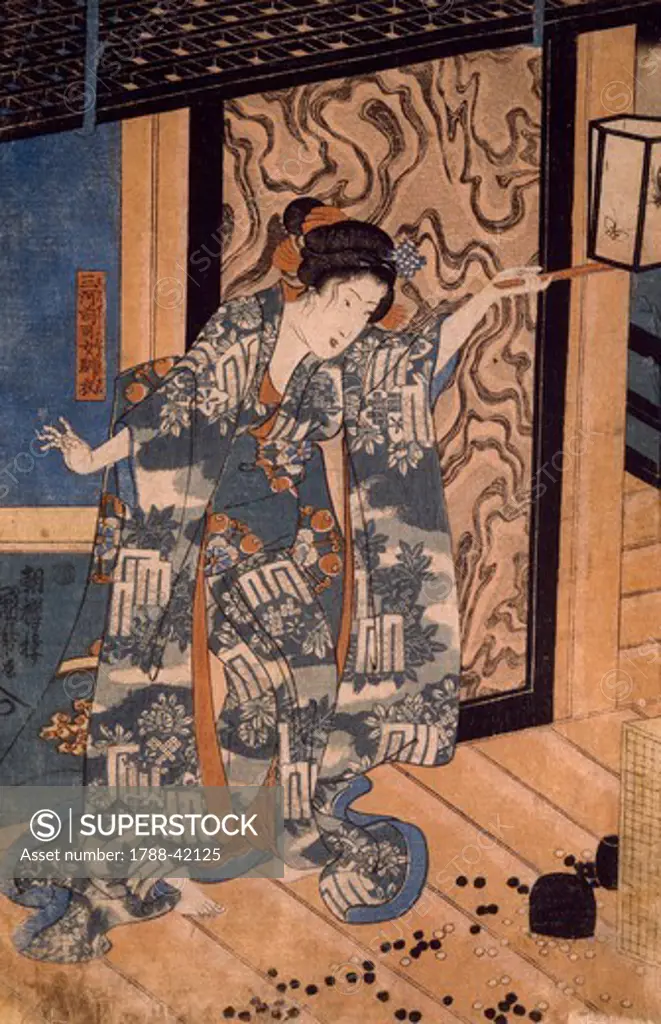 Nareginu, Mikawa no Zenji's daughter, left part of a triptych, 1842-1843, by Utagawa Kuniyoshi (1798-1861), woodcut, Japan. Japanese Civilisation, Meiji period, 19th century.
