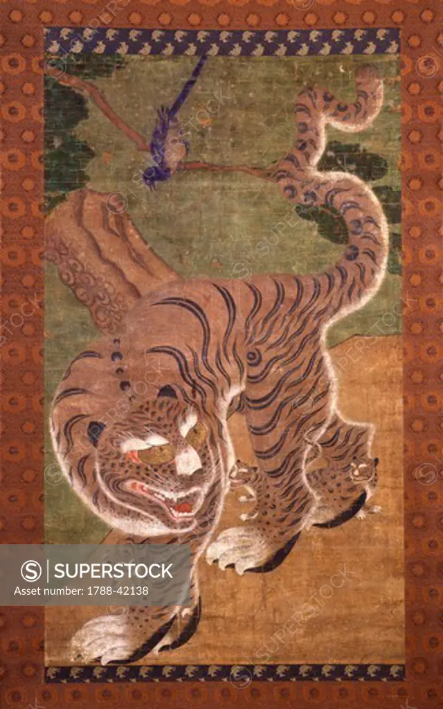 Tiger with its young, ink and colour on silk, Korea. Korean Civilisation, Joseon dynasty, 18th century.