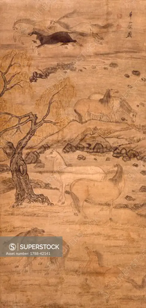 Landscape with horses, by Yi Myong-gi (active ca 1791-1796), ink and colour on paper, Korea. Korean Civilisation, Joseon dynasty, 18th-19th century.