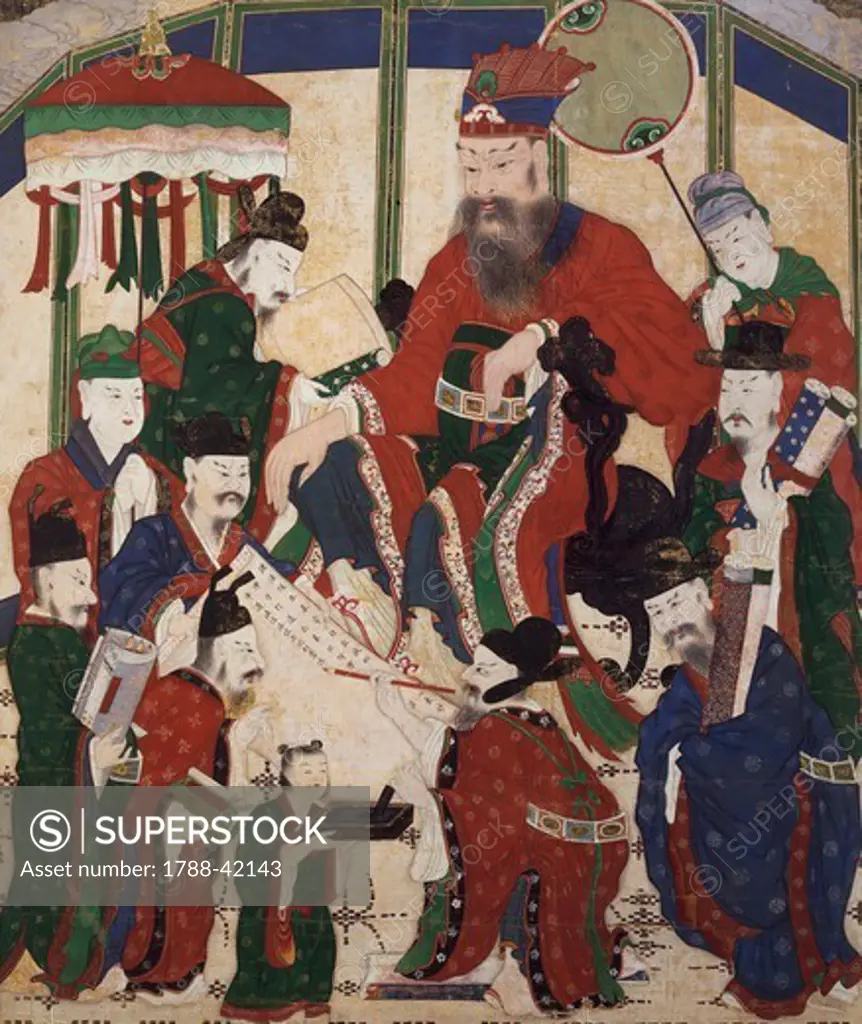 Yamaraja, fifth judge of the underworld, 1795, colour on silk, from the temple of Suguk-Sa, South Korea. Korean Civilisation, Joseon dynasty, 18th century.