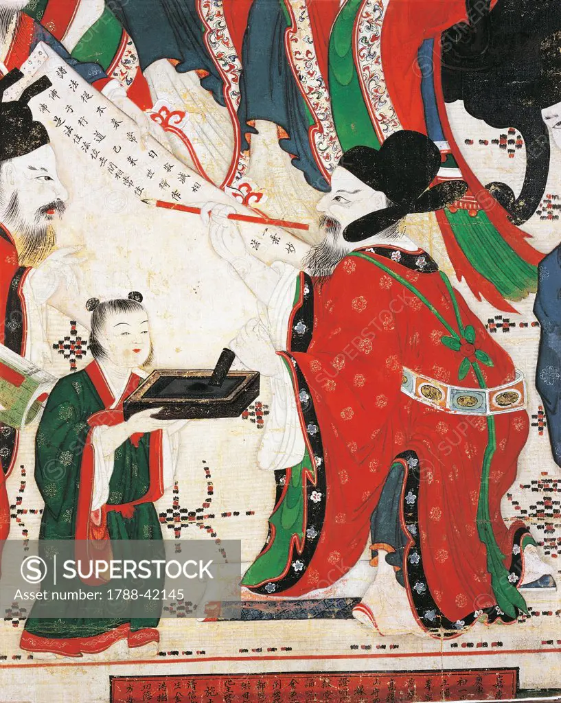 Young woman holds the ink out to the public scribe, detail from Yamaraja, the fifth judge of the underworld, 1795, colour on silk, from the temple of Suguk-Sa, South Korea. Korean Civilisation, Joseon dynasty, 18th century.
