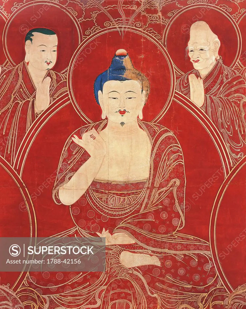 Amitabha and two deities, detail from the Paradise of Amitabha Buddha, the Light without limits, the fourth of five Buddhas of Contemplation, 1795, colour on silk, from the temple of Suguk-Sa, South Korea. Korean Civilisation, Joseon dynasty, 18th century.