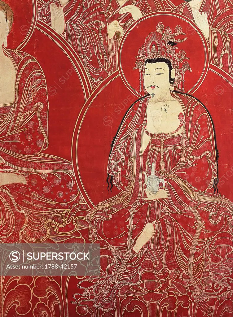 Deities, detail from the Paradise of Amitabha Buddha, the Light without limits, the fourth of five Buddhas of Contemplation, 1795, colour on silk, from the temple of Suguk-Sa, South Korea. Korean Civilisation, Joseon dynasty, 18th century.