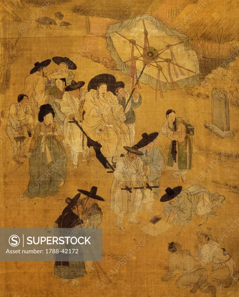 Walk of a notable figure, detail on screen with eight panels depicting moments of everyday life signed by Kim Hong-do (1745-1814), ink and colours on silk. Korean civilization, Choson period (18th-19th century).