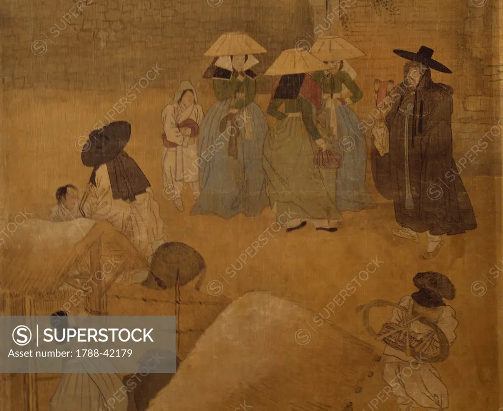 Encounter between a notable figure and three women, detail of screen with eight panels depicting moments of everyday life signed by Kim Hong-do (1745-1814), ink and colours on silk. Korean civilization, Choson period (18th-19th century).