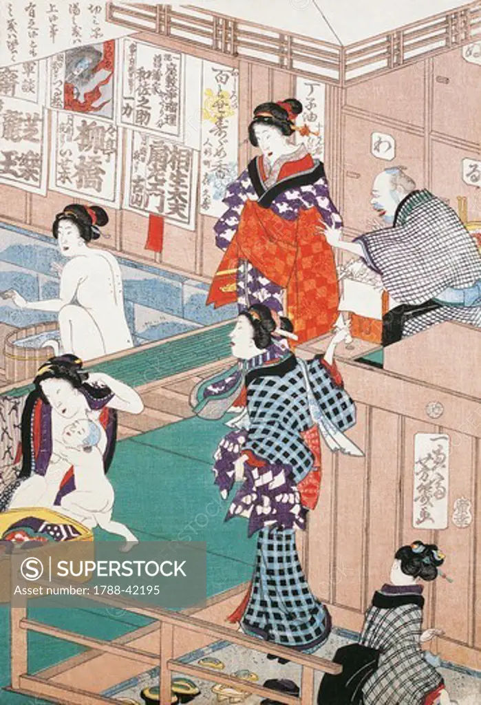 Women at the public baths, 1868, by Hiroka-Ya-Kosuke (1833-1904), woodcut, Japan. Japanese Civilisation, 19th century.