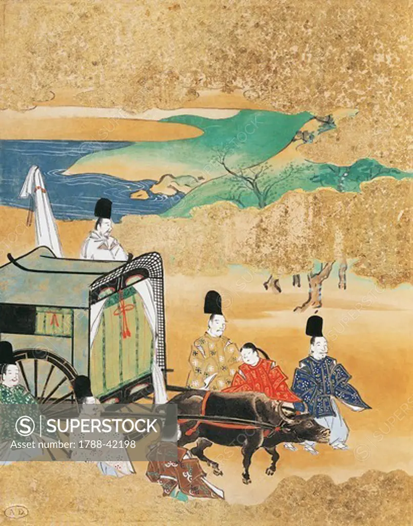 The bride arriving in a carriage to her betrothed's house, painter from the Tosa school, from a traditional literature novel, Japan. Japanese Civilisation, 19th century.