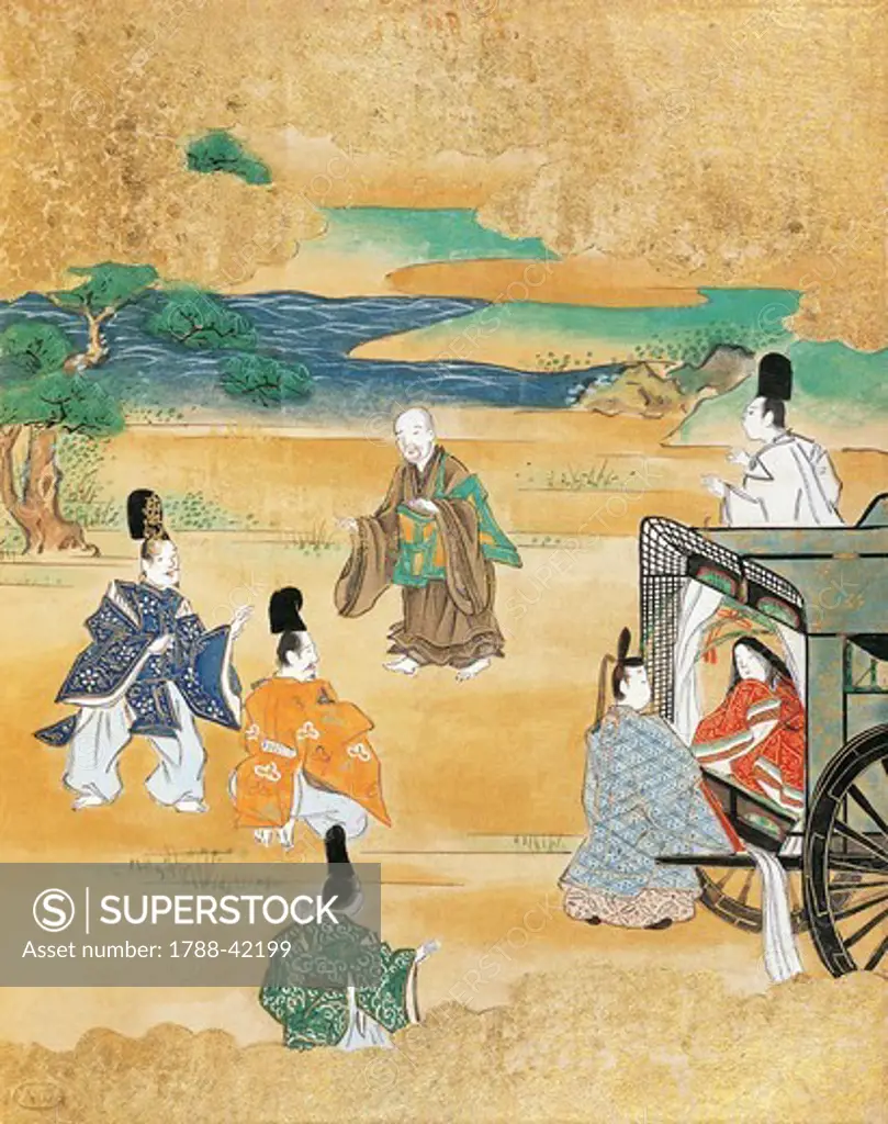 The bride descending from a carriage and being presented to her bridegroom,painter from the Tosa school, from a traditional literature novel, Japan. Japanese Civilisation, 19th century.