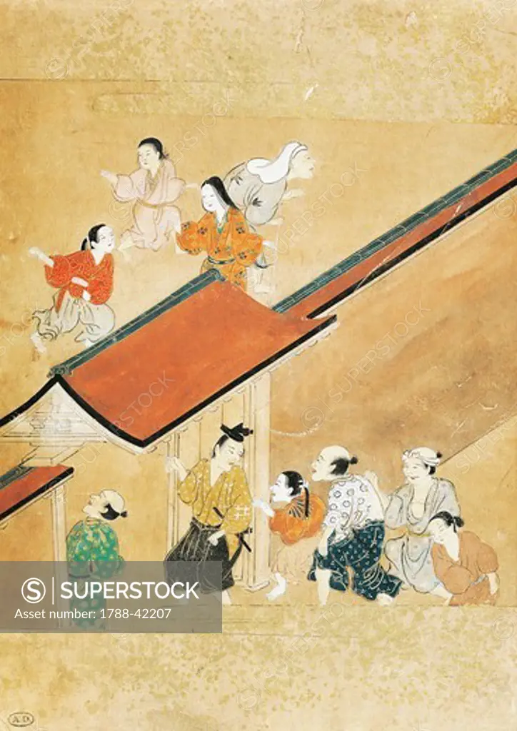 The curious arriving to watch, painter from the Tosa school, from a traditional literature novel, Japan. Japanese Civilisation, 19th century.