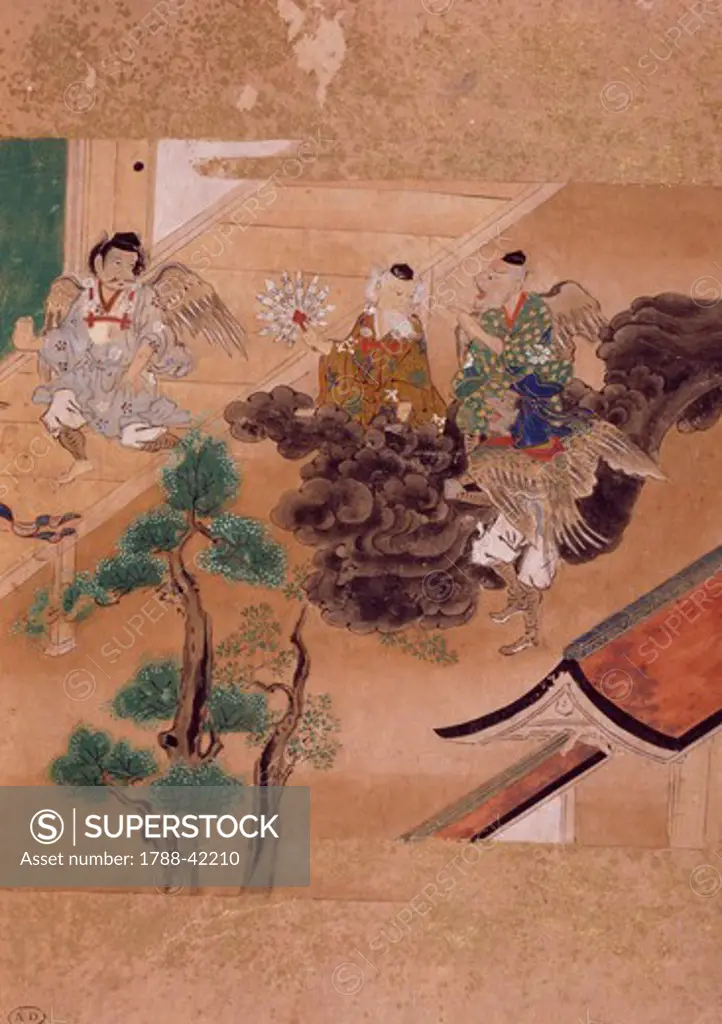 Three demons against an old wise man, painter from the Tosa school, from a traditional literature novel, Japan. Japanese Civilisation, 19th century.