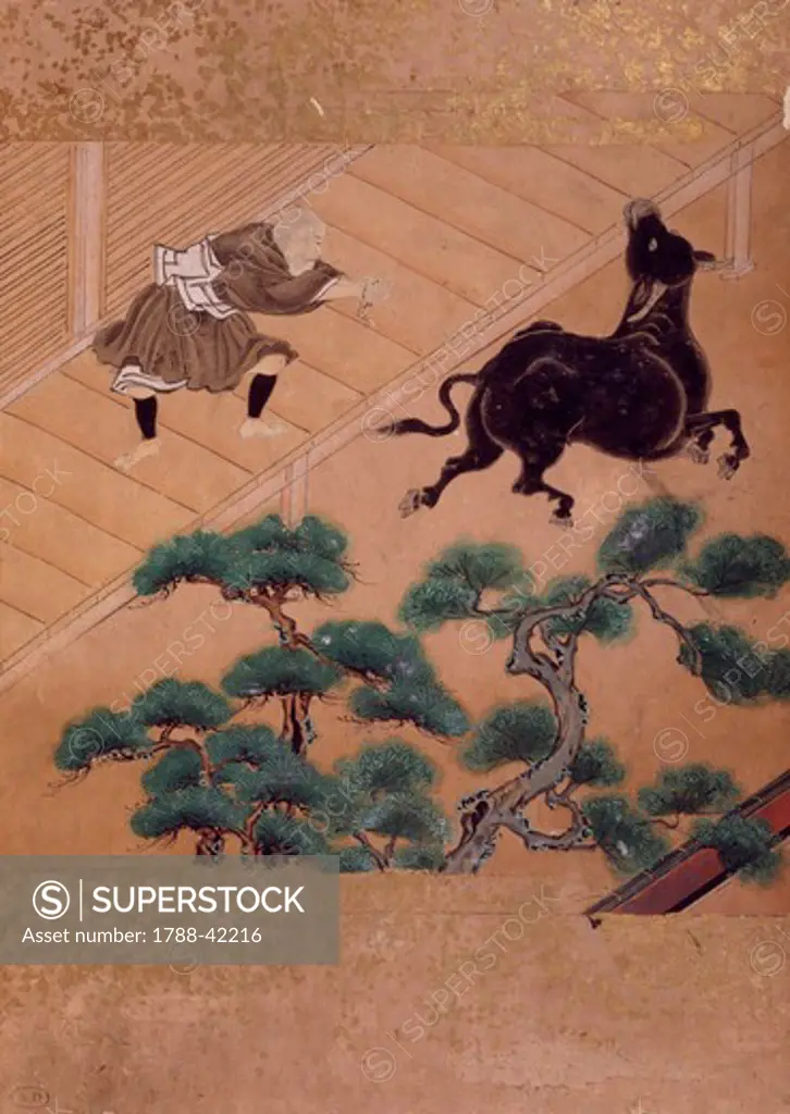 Wild bull made to flee through prayer, painter from the Tosa school, from a traditional literature novel, Japan. Japanese Civilisation, 19th century.